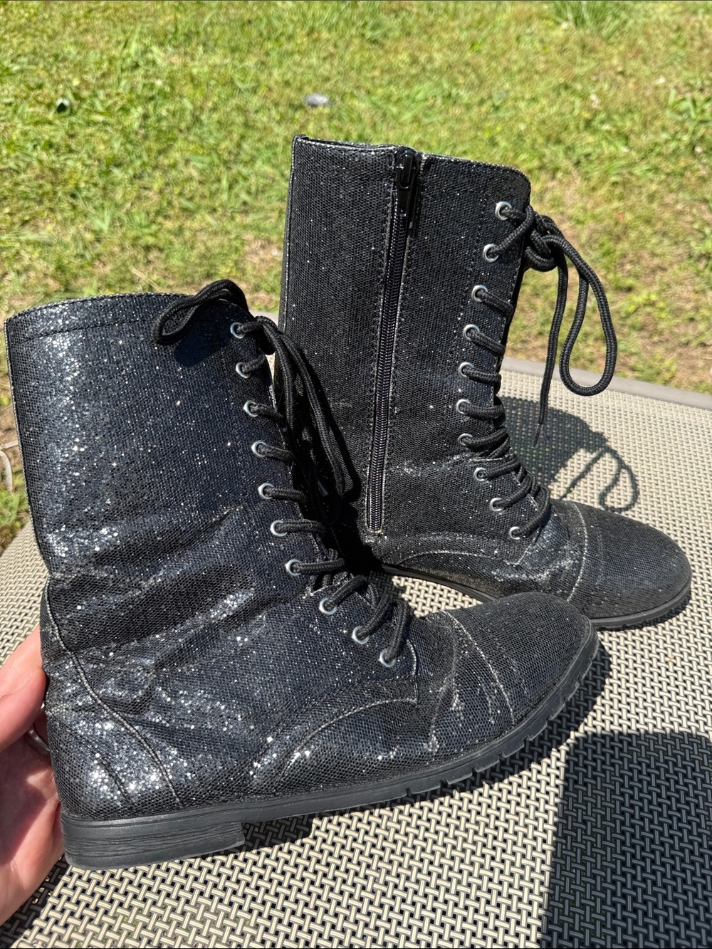 balera Black Sparkle Lace-Up Combat Boots
